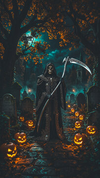 Halloween skeleton walks through glowing pumpkin graveyard