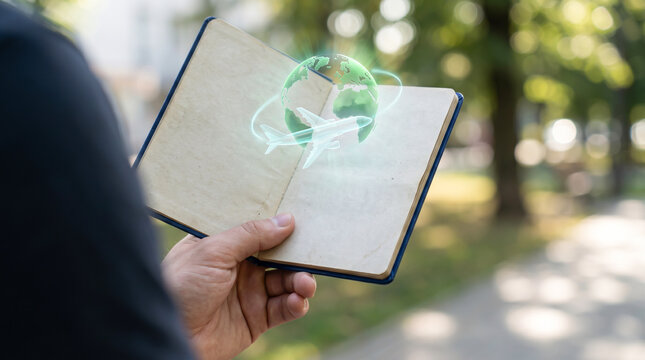 Hand holding open blank notebook with glowing virtual globe and airplane