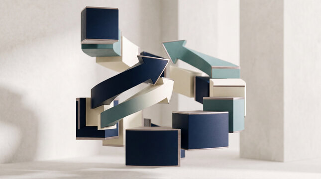 Abstract blue and white geometric cube puzzle sculpture, modern minimalist art and design concept