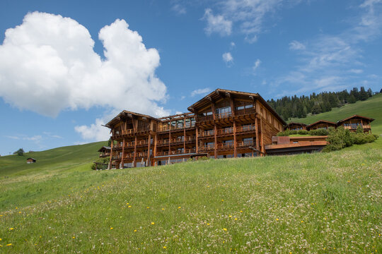 Alpe di Siusi chalet hotel in Dolomites mountains building