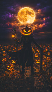 Halloween pumpkin lord walks through field under glowing moon