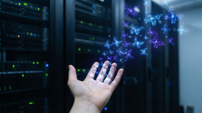 Open hand in dark server room releasing glowing digital butterfly particle AI