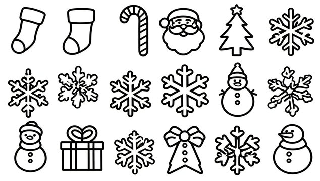 Christmas holiday icons and symbols set with snowman, tree and gifts