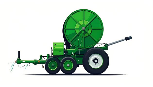 Green lawn mower with bagger attachment on white background.
