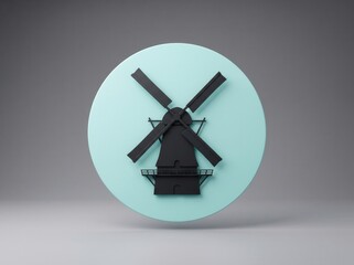 Obraz premium Silhouette of a traditional dutch windmill icon against a light blue circle