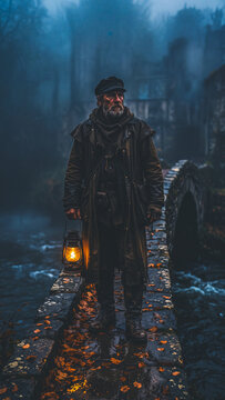 Old man with lantern walks on bridge for Halloween
