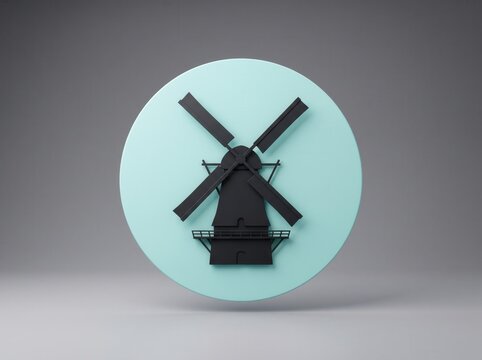 Silhouette of a traditional dutch windmill icon against a light blue circle