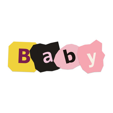 The word baby spelled out with colorful torn paper letters creating a creative ransom note style isolated on transparent background