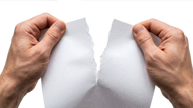 Hands tearing blank white paper sheet apart, isolated on transparent cutout background