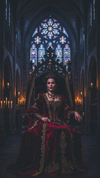 Halloween queen sits regal throne cathedral stained glass