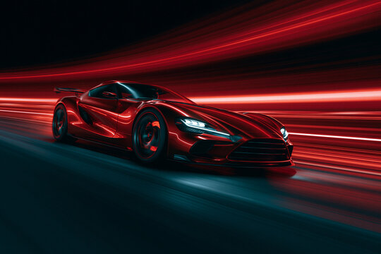 Red Hypercar Racing Through Bright Light Trails