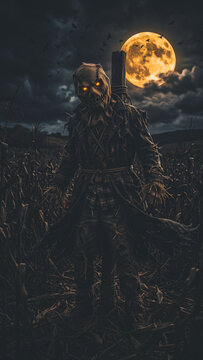 Halloween scarecrow stands in cornfield under full moon