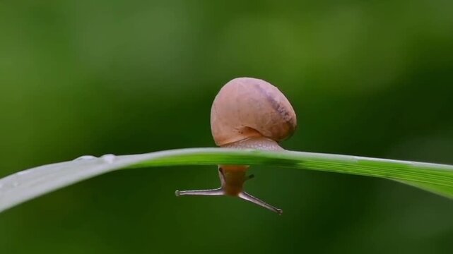 Snail Hanging Under a Green Grass Blade