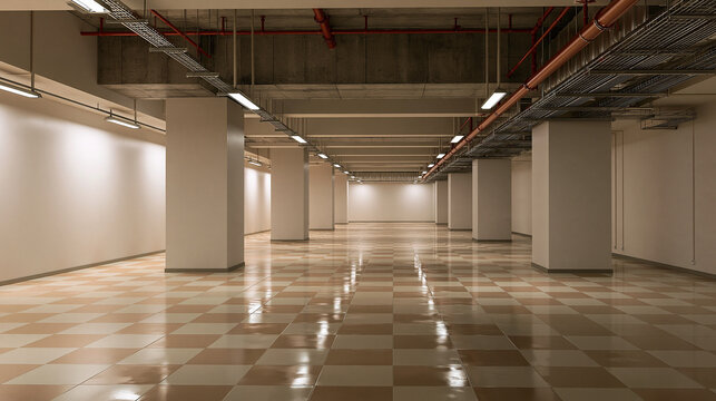 A clean empty underground basement or commercial utility space with smooth off-white walls
