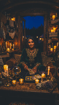 Witch reads tarot cards under Halloween moonlight candles glow