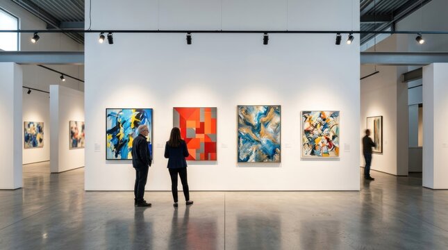 People in an art gallery, viewing abstract paintings on white walls.