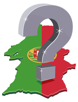 3D isometric map of Portugal with a giant metallic question mark representing political uncertainty, local decision making, economic future, query, and country choices (cut out)