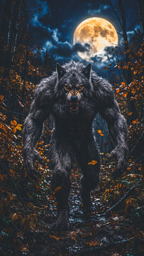 Halloween werewolf roars under full moon in forest