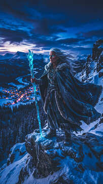 Ancient witch stands on snowy peak holding glowing staff for Halloween