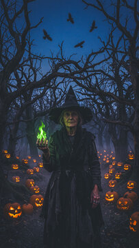 Witch holds green flame in Halloween forest with jack o lanterns