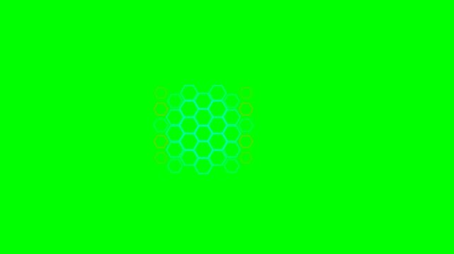 A glowing cyan honeycomb pattern centered on a vibrant solid green background