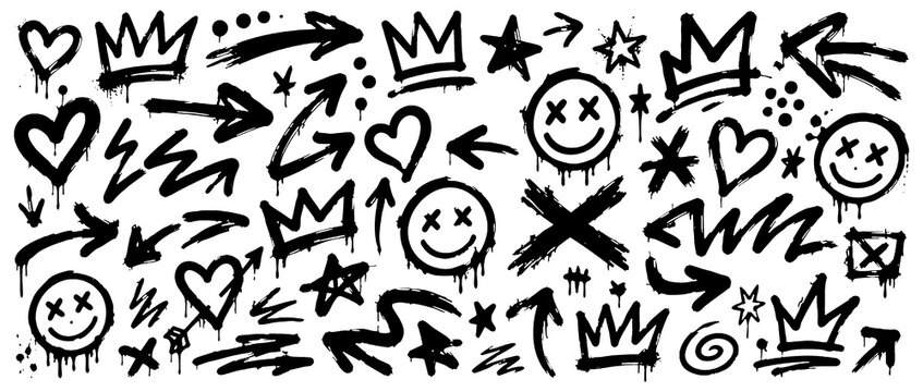 Hand Drawn Graffiti Doodle Elements Set with Crowns, Hearts, Arrows, Stars and Smiley Icons on Transparent Background