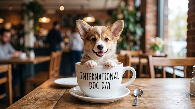 International Dog Day concept with cute Corgi puppy in coffee cup. Small dog sitting in white mug on cafe table. Pet friendly restaurant scene.