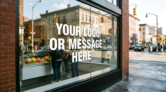 Storefront window mockup with white vinyl decal signage on a city street corner.