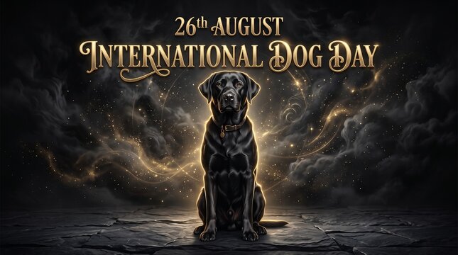 International Dog Day banner with black Labrador. Cinematic 26th August celebration poster. Golden light and cosmic smoke background.