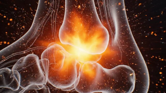 3D medical illustration of a human ankle and foot skeleton with a glowing orange point indicating joint pain or inflammation at the talus bone on a dark background.