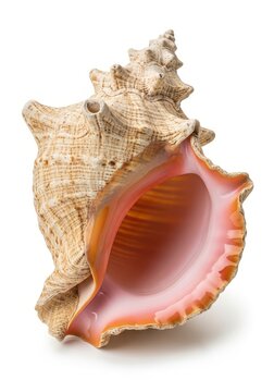 Beautiful Large Queen Conch Shell with Vibrant Pink Interior Isolated on a Pure White Background