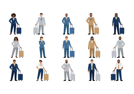 Set of diverse business people traveling with luggage presented in a professional flat design style silhouette