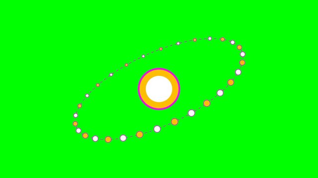 Abstract circular motion graphic featuring a central sphere and ring orbit