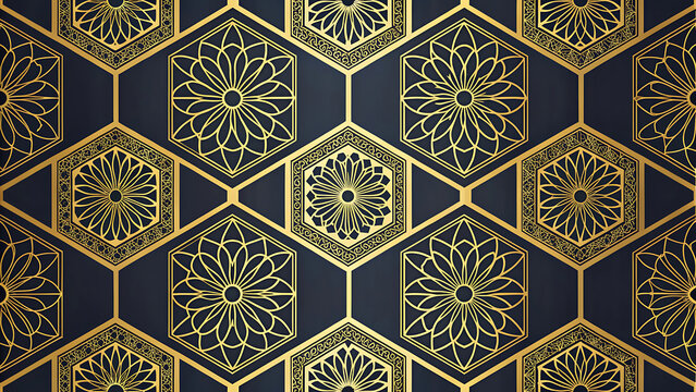 Luxury gold floral pattern on dark blue background with geometric hexagon tile design