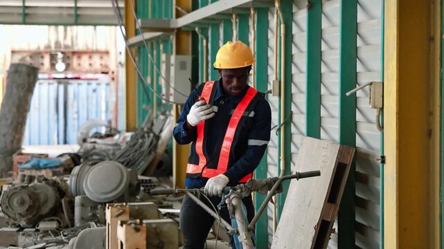African industrial worker wearing safety helmet and vest talks on walkie talkie inside factory warehouse. Engineer or supervisor walks near terminal control box and machine equipment