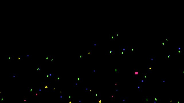 festive 3d colorful confetti bursts party popper cannon explosion isolation slow motion falling rain on alpha matte chroma key overlay black background red gold purple paper greeting 4k
