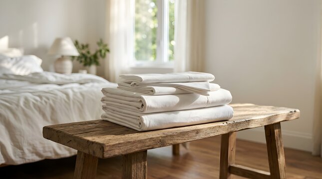 Stack of clean white folded bed sheets on a rustic wooden bench in bedroom
