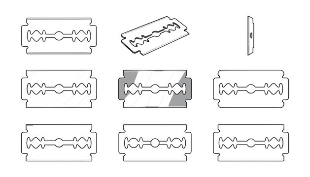 Razor blade vector illustration set featuring stainless steel double edge blades in various angles perspectives and outlines isolated on white background