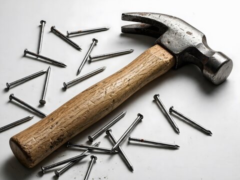 Traditional claw hammer and sharp metal nails on a white background for carpentry and maintenance work