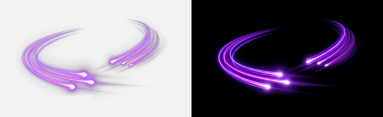 Dual purple neon swooshes curving outward like glowing wings, symmetrical energy trail effect with radiant motion, futuristic abstract light design, isolated on transparent background PNG overlay © Pixora
