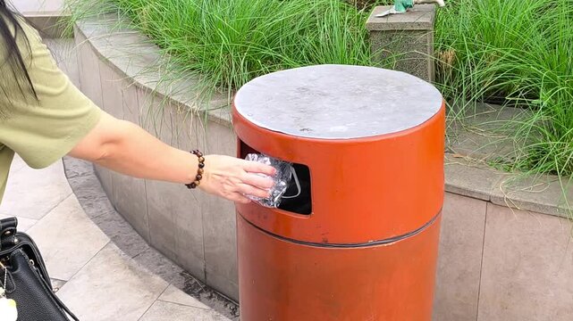 A close-up shot of a woman throwing a crushed plastic bottle into an orange outdoor garbage receptacle, promoting clean environments and proper waste management. Educational video 4k 60fps
