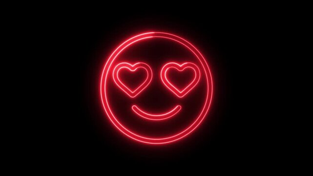 Neon red heart eyes emoji glowing sign on black background
