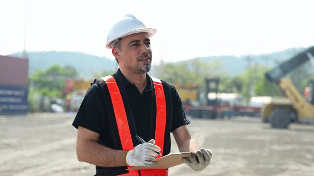 Professional male engineer in a hard hat and safety vest writing on a clipboard at a busy construction site or industrial container yard, focusing on logistics inspection and site management