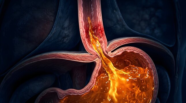 Illustration of acid reflux in esophagus, showing heartburn and gastroesophageal disease.
