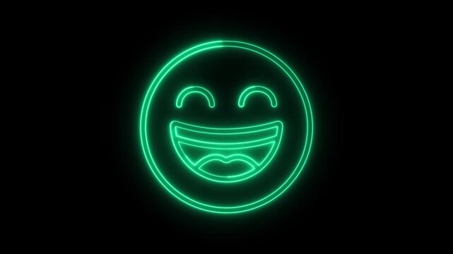 Neon green glowing emoticon face with happy laughing expression isolated on black background