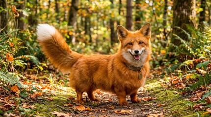 Fototapeta premium A red fox standing in a forest with autumn leaves.