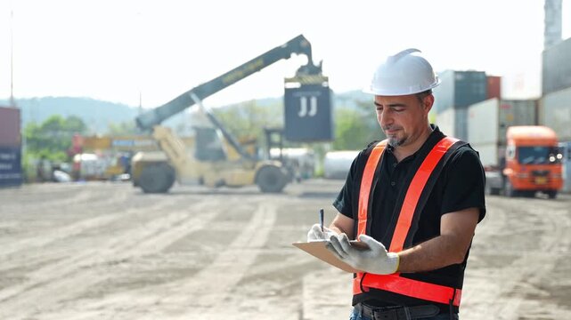 Professional male engineer in a hard hat and safety vest writing on a clipboard at a busy logistics terminal with reach stacker and containers, managing industrial site operations and inspections