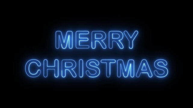 Merry Christmas neon text sign glowing in bright blue light isolated on a deep black background