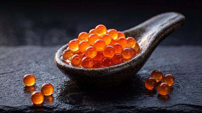Close-up of orange fish roe caviar served on elegant spoon, luxury gourmet food photography