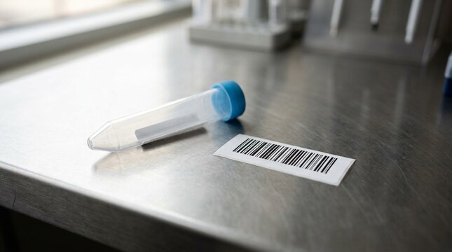 Specimen tube resting beside a freshly printed barcode label on a lab counter - Medical Lab Barcode Label Printing Stock Photo